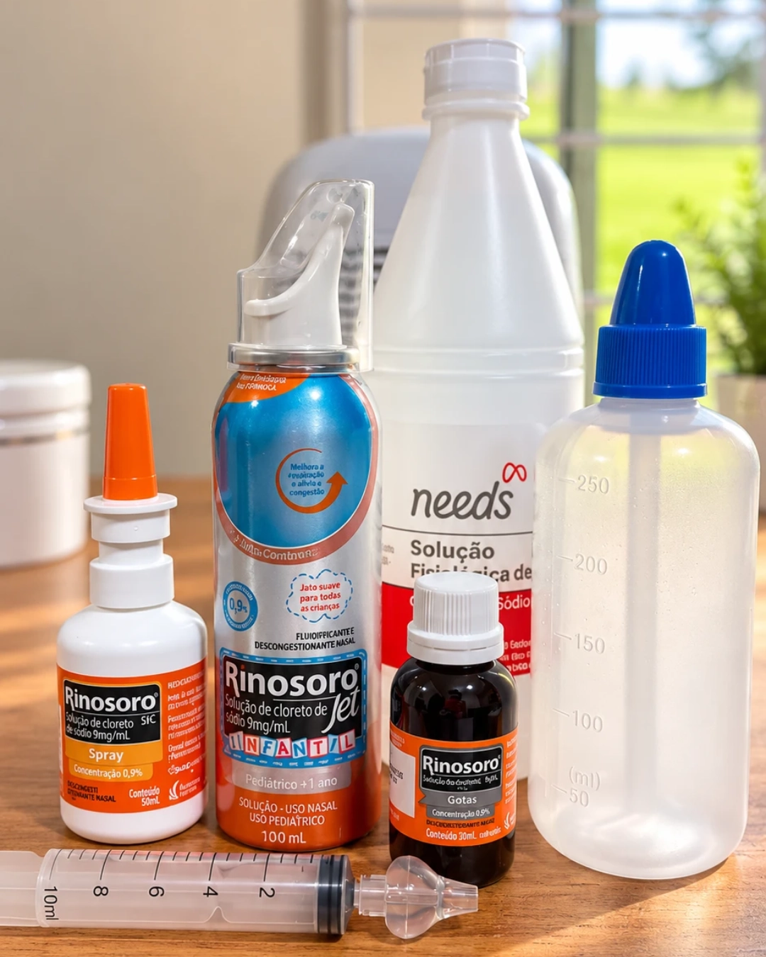 Soro fisiológico, spray, jato, gotas, seringa e frasco de lavagem nasal sobre uma mesa